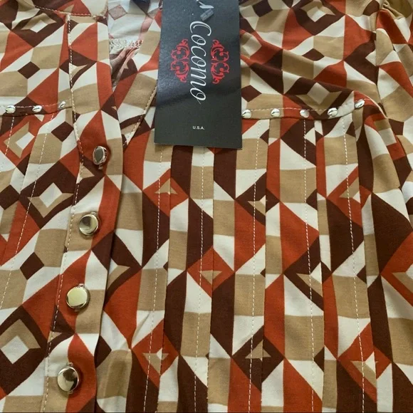 COCOMO Medium Brown Orange White 3/4 sleeve women's Pintuck Blouse top shirt - Picture 10 of 16